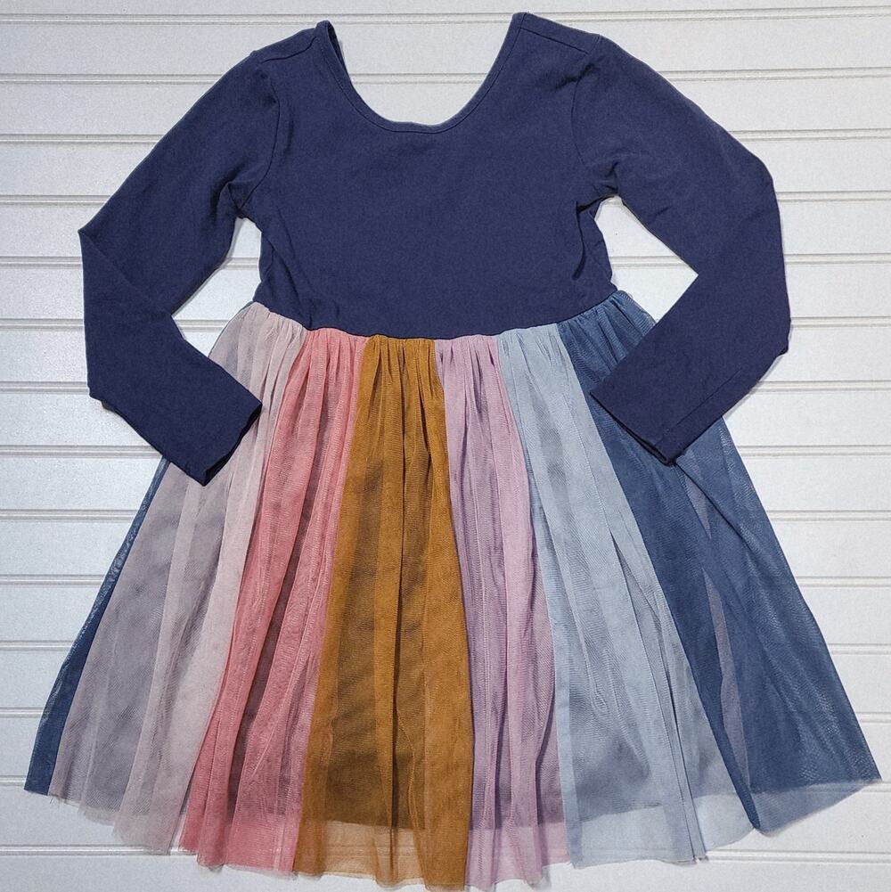 Hanna Andersson Girls Navy Rainbow Tulle Long Sleeve Dress Size 6-7